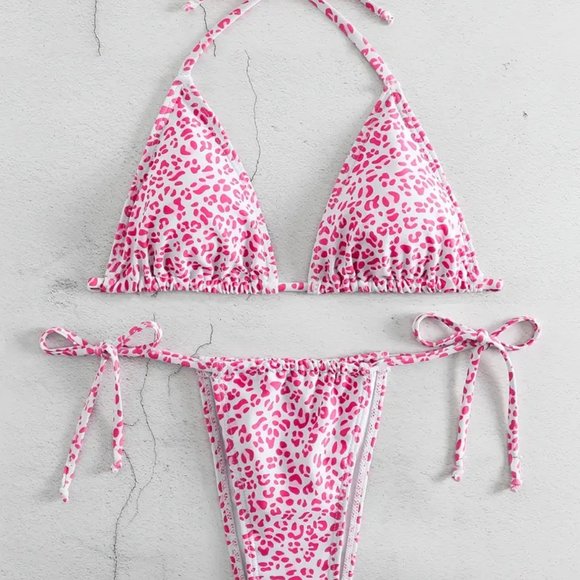 2 Piece Swimsuit, Halter Tide Side Triangle Bikini, Spaghetti Strap - Pink - Picture 4 of 7